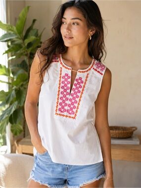 J.Crew Embroidered Sleeveless Popover Top | White Pink Orange | Size 2